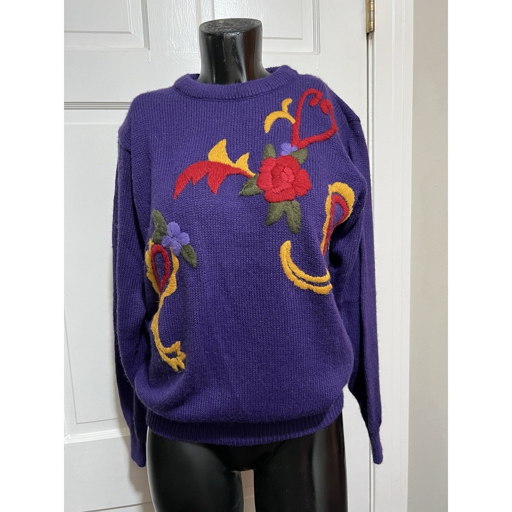 Purple 1980s 1990s Vintage Womens Long Sleeve Pullover Sweater Floral Size M
